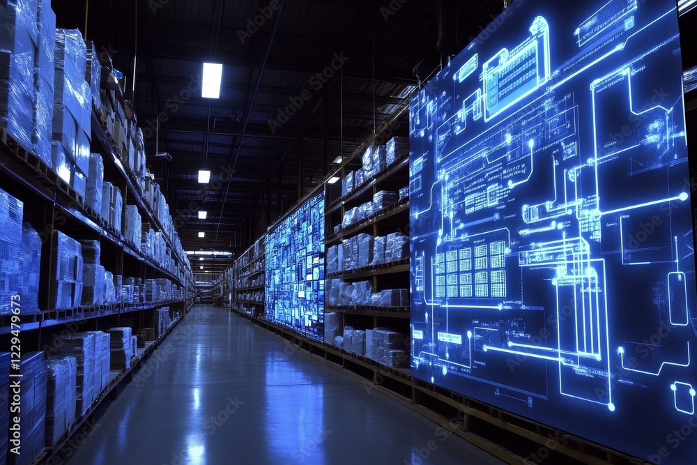 Poster exploring advanced logistics and automation in modern warehouse environments