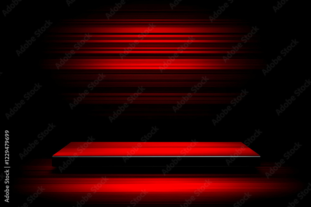 Poster red platform stands on a red and black abstract background with blurry horizontal lines
