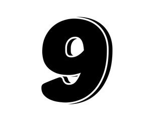 Stylized black number 9 nine on transparent background, with a bold, 3D appearance and shadow effects for added depth and dimension.