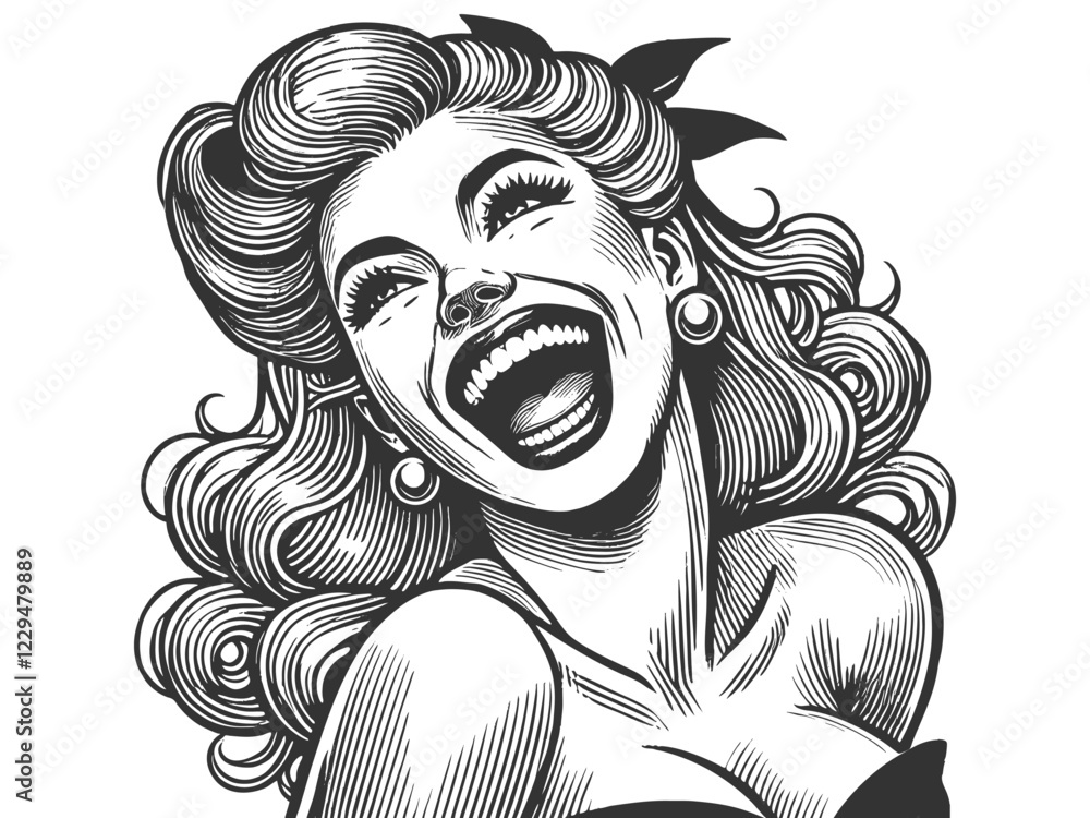 Poster crazy mad woman laughing joyfully with an expressive and dynamic pose sketch engraving generative ai