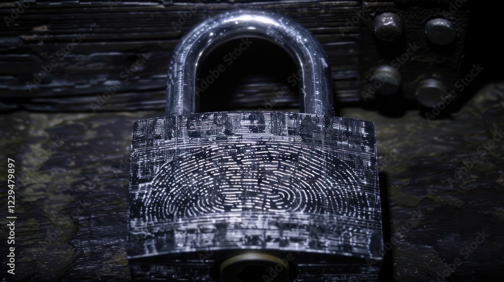 Poster close-up of a unique padlock with intricate patterns resting on a weathered wooden surface