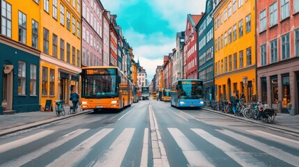 Obraz premium A vibrant street scene with colorful buildings, buses, and pedestrians in an urban setting, showcasing city life and public transport.