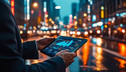 Businessman with Tablet Tracking Rising Stocks, Cityscape Illumination Reflected at Night