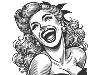 Fototapeta premium Crazy mad woman laughing joyfully with an expressive and dynamic pose sketch engraving generative ai fictional character vector illustration. Scratch board imitation. Black and white image.