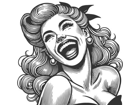 Crazy mad woman laughing joyfully with an expressive and dynamic pose sketch engraving generative ai fictional character vector illustration. Scratch board imitation. Black and white image.