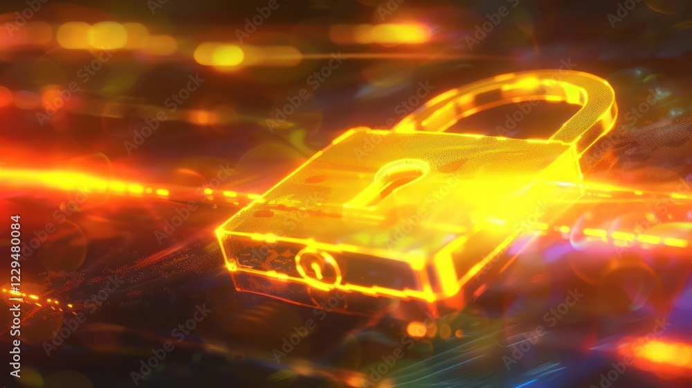Poster glowing digital padlock symbolizing cybersecurity with vibrant light effects and abstract background