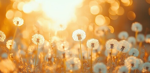 A beautiful field of vibrant dandelions with the warm sun shining through them