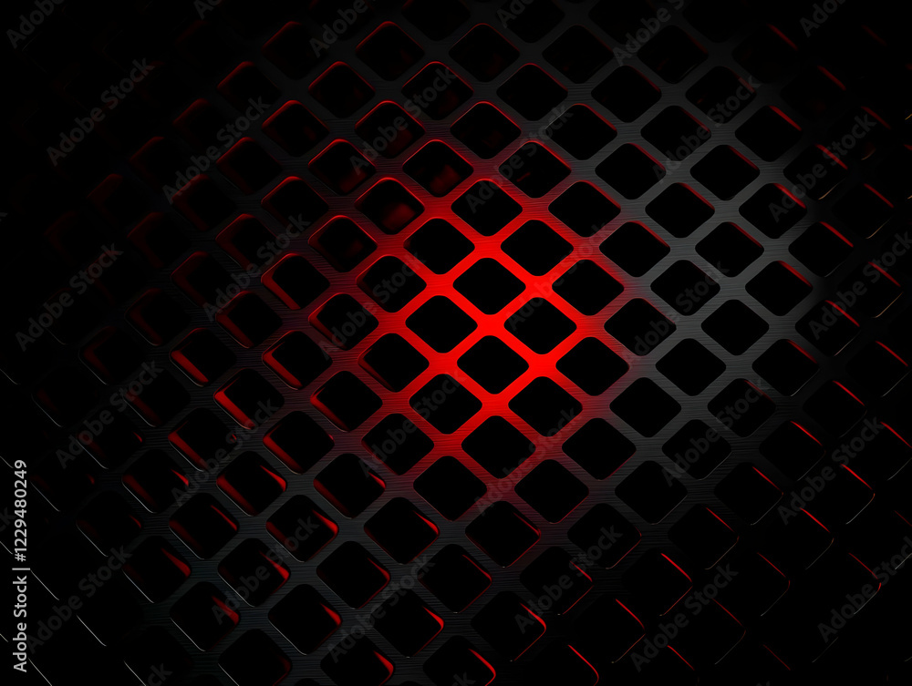 Poster dark metallic grid with red backlighting creates a dramatic abstract pattern.