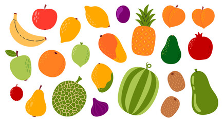 Set of different fruits and berries. Collection of organic vitamins and healthy nutrition. Banana, pineapple, mango, pomegranate, kiwi, melon, peach, watermelon. Flat Vector illustration