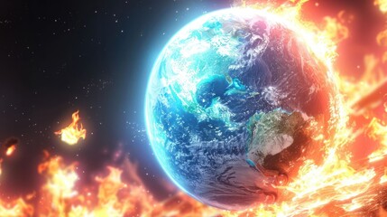 Obraz premium Earth engulfed in flames with cosmic elements in the background, showcasing a dramatic scene of destruction