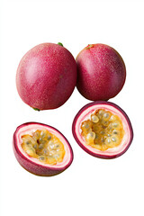 Two whole passion fruits and halves displaying pulp and seeds, passion fruit showing vibrant colors, passion fruit with rich texture and tropical appeal on white background