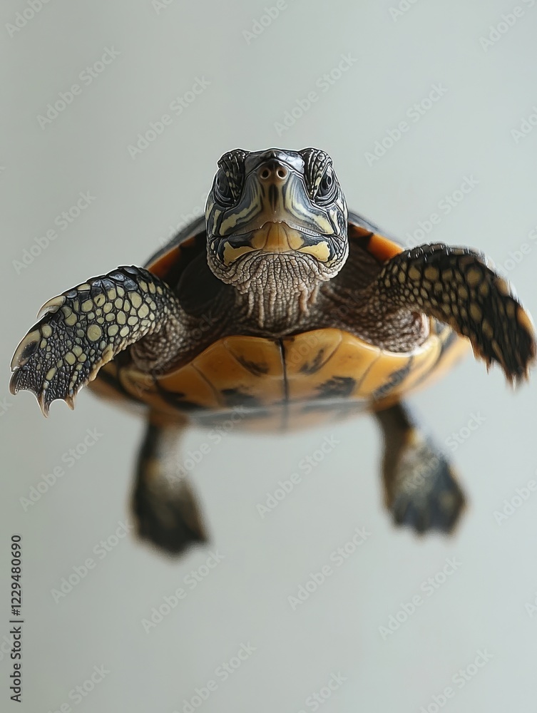 Poster captivating close-up of a colorful tortoise swimming gracefully underwater with flippers extended, s