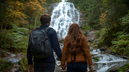 Couple admiring waterfall in autumn forest