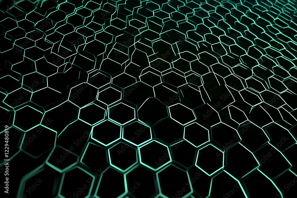 Poster 3d abstract background forms a glowing green honeycomb pattern on a dark background.