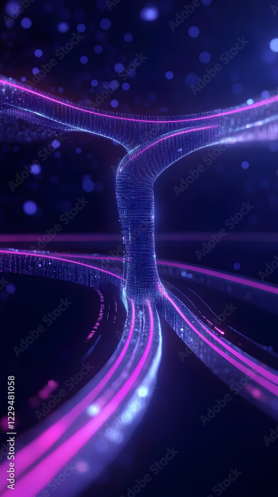 Poster abstract 3d render of glowing particle streams flowing seamlessly in a dark digital space.