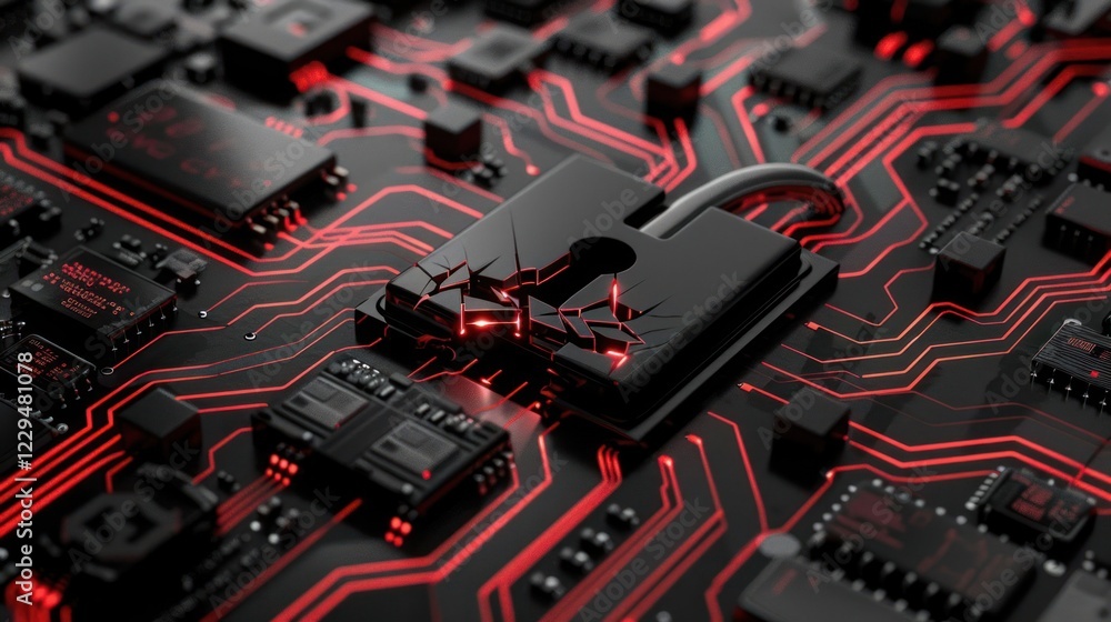 Aufkleber abstract representation of digital security with a cracked padlock on a circuit board backdrop