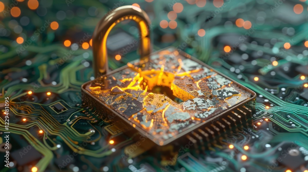 Poster rusty padlock on a circuit board with glowing lights, symbolizing cybersecurity threats and technolo