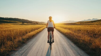 Obraz premium A woman riding a bicycle through a golden field with the sun setting in the background, representing freedom and adventure.