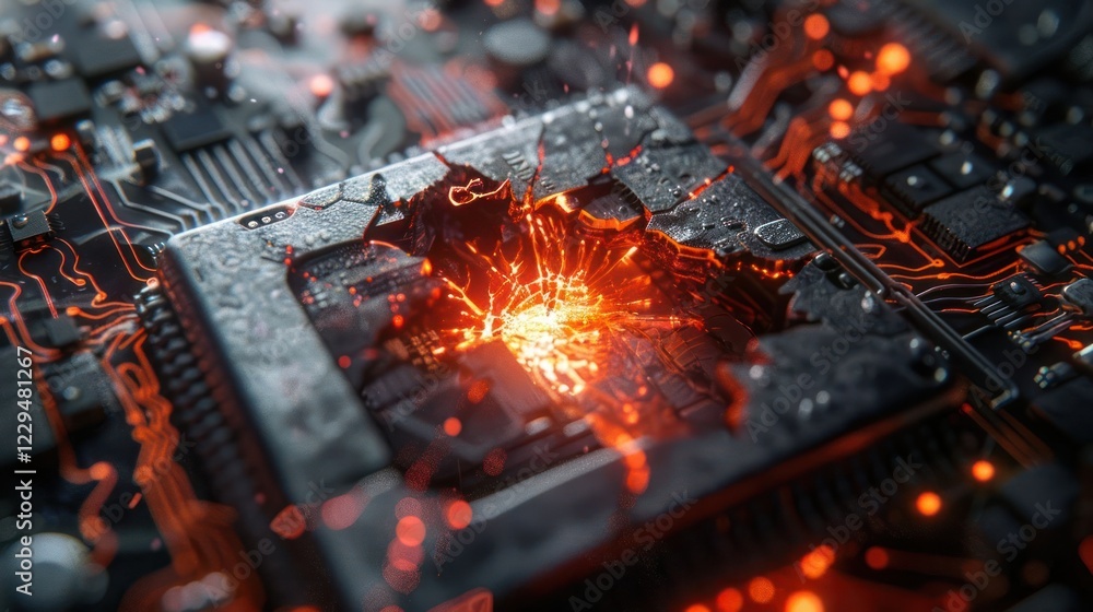 Poster close-up view of a damaged microchip emitting sparks, surrounded by intricate circuitry, showcasing 