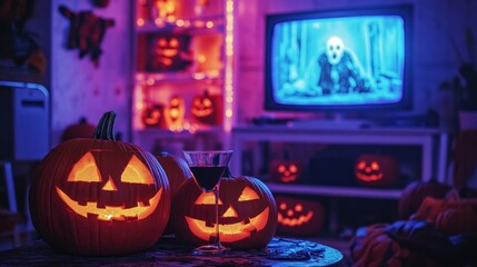 Fototapeta premium Spooky Halloween Night: Carved Pumpkins & Horror Movie