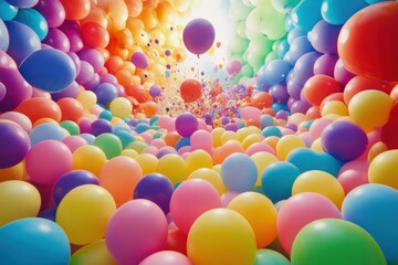 A vibrant collection of colorful balloons is floating high in the air