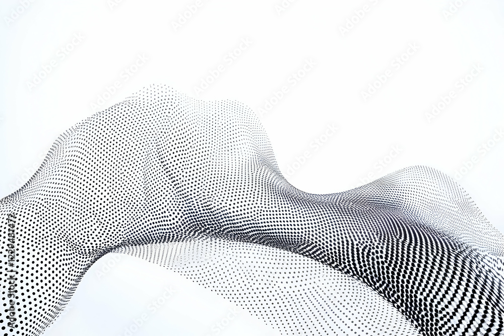 Poster abstract dotted wave pattern forms a dynamic and flowing design on a white background.