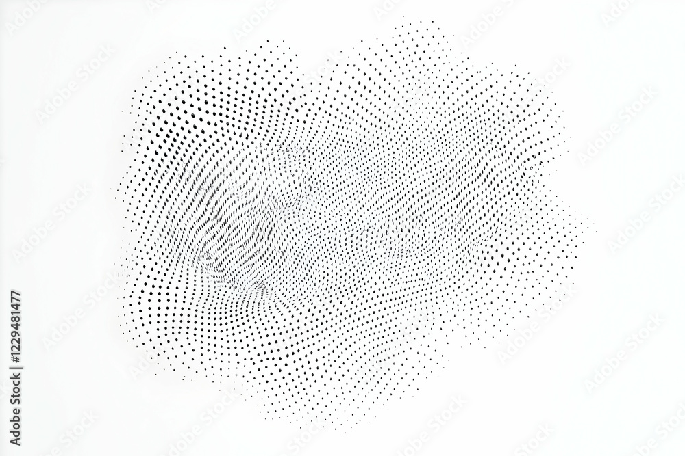 Poster abstract background forms a dynamic swirling pattern with small black dots on white background.