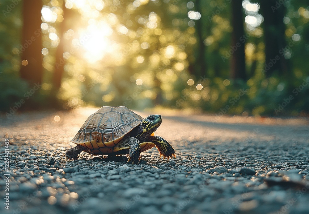 Aufkleber close-up image of a turtle crossing a gravel pathway surrounded by blurred green trees in a sunlit f