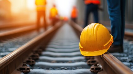 A yellow safety helmet rests on railway tracks under construction with blurred workers in the background during sunset.