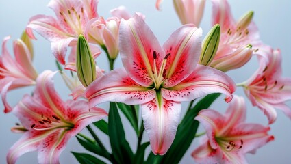 Fototapeta premium Close up of delicate pink lilies on white background