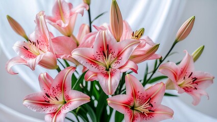 Fototapeta premium Close up of delicate pink lilies on white background