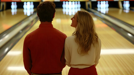 Couple bowling alley date night, pins background