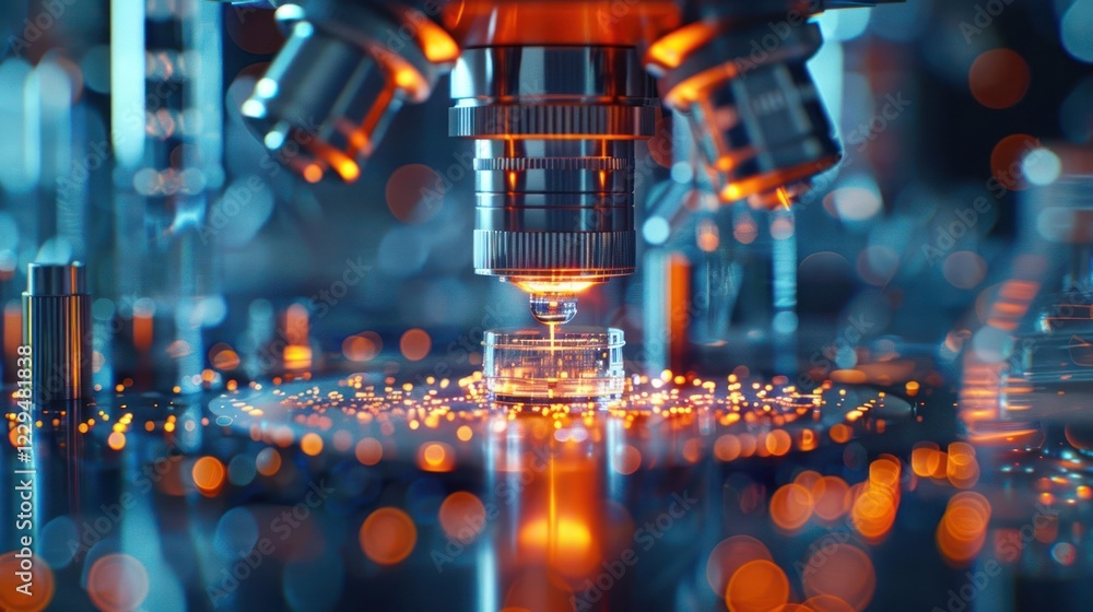 Poster close-up view of a high-tech microscope analyzing a sample with vibrant light effects