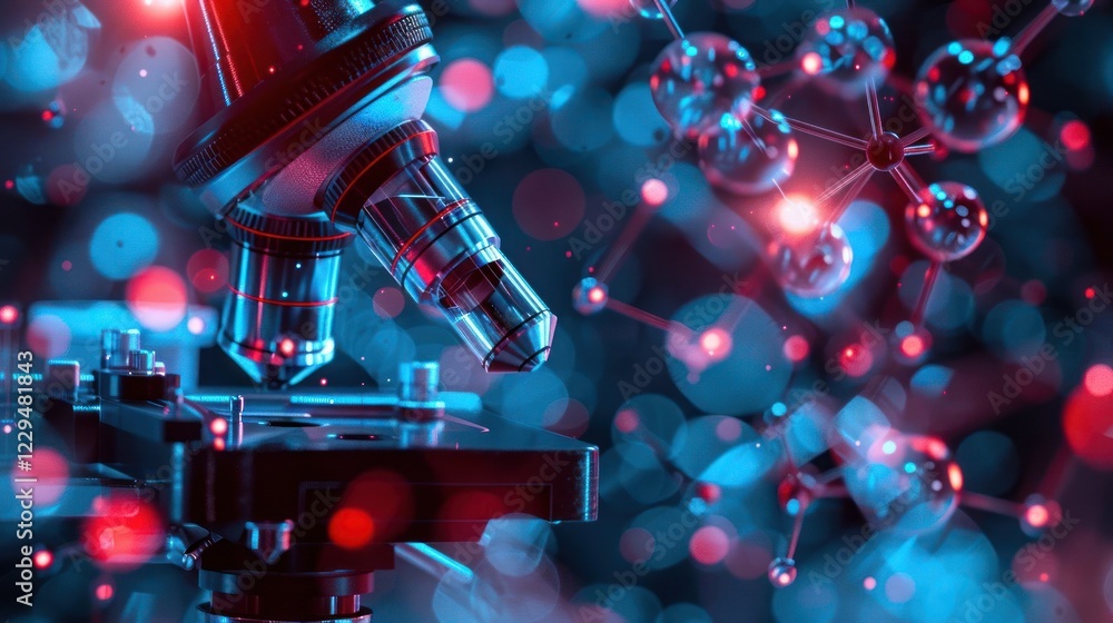 Poster close-up of a microscope surrounded by colorful molecular structures in a scientific environment