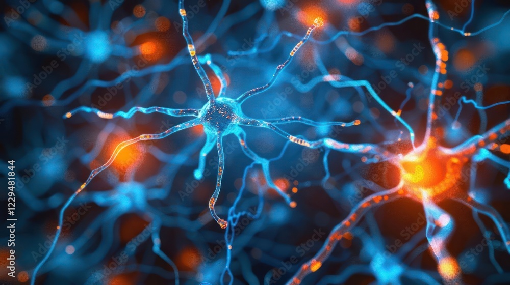 Poster close-up view of vibrant neural networks showcasing dynamic connections in a digital environment