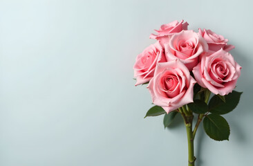 Fototapeta premium Bouquet of pink roses on a light gray background.