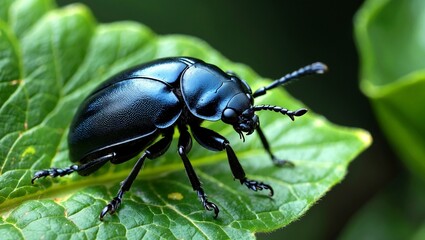 Fototapeta premium Closeup of a dark beetle on green leaf