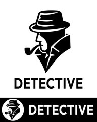 Silhouette logo of a detective wearing a fedora hat, smoking a pipe, designed in a classic vintage style