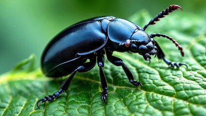 Closeup of a dark beetle on green leaf