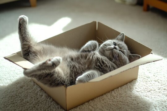 A cat is comfortably laying on its back inside a cardboard box