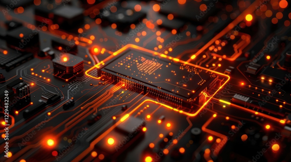 Aufkleber close-up view of a glowing microchip on a circuit board with intricate patterns and connections