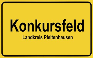 Town sign with the name Konkursfeld, Symbolic image with the German term for business failure or...