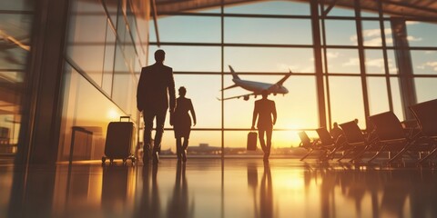 An airplane is taking off from an airport as the sun sets beautifully