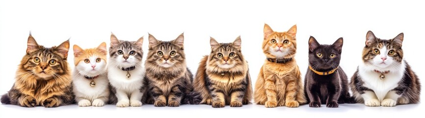 Fototapeta premium A row of adorable kittens sits neatly on a lovely white background