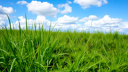 Obraz premium Green grass and blue sky with white clouds