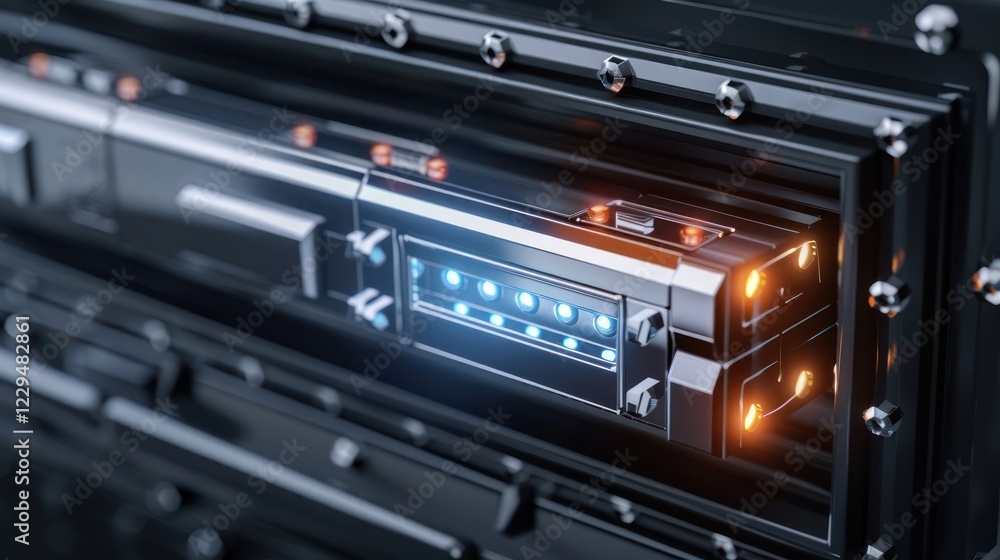 Aufkleber close-up of a high-tech device with glowing lights and intricate design, showcasing advanced technol