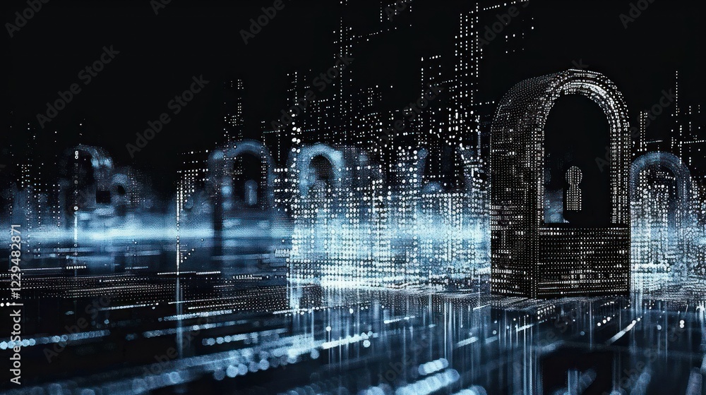 Poster digital landscape featuring futuristic locks and data streams, symbolizing cybersecurity and protect