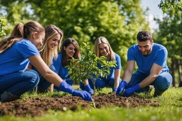 Fototapeta premium A diverse group of enthusiastic individuals is planting trees in a park