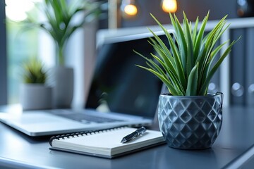 Modern Desk with Laptop and Office Supplies