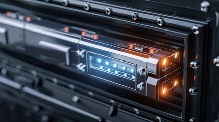 Close-up of a high-tech device with glowing lights and intricate design, showcasing advanced technology